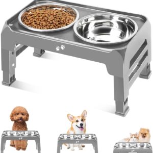 Elevated Dog Bowls for Small Medium Dogs 3 Height Adjustable Raised Dog Bowl Stand with 2 Thick 6" Stainless Steel Dog Food Bowls Non-Slip Dog Feeder Adjusts to 2.75", 6", 7.5", Grey