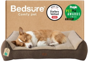 Bedsure SupportMax Orthopedic Dog Bed for medium-sized dogs features extra-thick, supportive cushioning and a waterproof, washable cover. This comfortable pet bed sofa comes with soft sherpa fabric and a nonskid bottom, available in brown or grey.