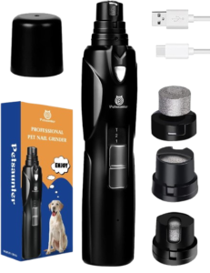 Dog nail grinder with 2 speeds and LED light, featuring a powerful touch-switch, Type-C charging, quiet and low-vibration design, and 3 ports suitable for large, medium, and small dogs, cats, and other pets with hard or thick nails.