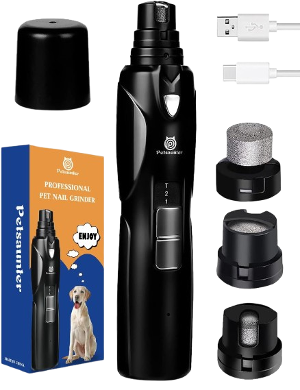 Dog nail grinder with 2 speeds and LED light, featuring a powerful touch-switch, Type-C charging, quiet and low-vibration design, and 3 ports suitable for large, medium, and small dogs, cats, and other pets with hard or thick nails.
