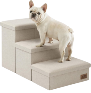 Wide, sturdy dog stairs with built-in storage, perfect for pets of all sizes, from small to large dogs and even older cats. This folding ramp works great for beds, couches, or cars and supports up to 180 lbs.