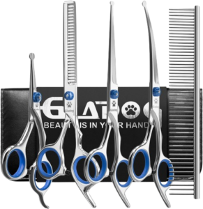 GLADOG Dog Grooming Scissors Kit with safety round tips, featuring a professional 6-in-1 design, offers sharp and durable shears perfect for grooming dogs, cats, and other pets.