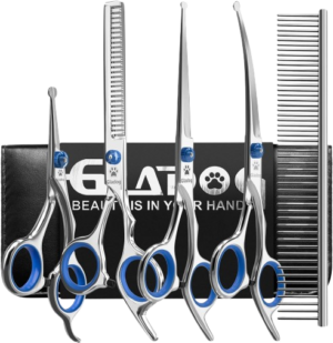 GLADOG Dog Grooming Scissors Kit with safety round tips, featuring a professional 6-in-1 design, offers sharp and durable shears perfect for grooming dogs, cats, and other pets.
