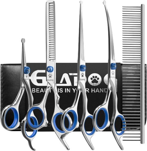 GLADOG Dog Grooming Scissors Kit with safety round tips, featuring a professional 6-in-1 design, offers sharp and durable shears perfect for grooming dogs, cats, and other pets.