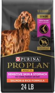 100 percent complete and balanced senior dog food containing salmon as the #1 ingredient, plus easily digestible oat meal and rice Sensitive stomach dog food with glucosamine and EPA, making it an excellent dog food for joint care Dog food made for sensitive skin, enriched with omega-rich sunflower oil to promote healthy skin and a shiny, radiant coat.