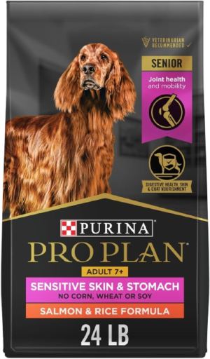 100 percent complete and balanced senior dog food containing salmon as the #1 ingredient, plus easily digestible oat meal and rice Sensitive stomach dog food with glucosamine and EPA, making it an excellent dog food for joint care Dog food made for sensitive skin, enriched with omega-rich sunflower oil to promote healthy skin and a shiny, radiant coat.