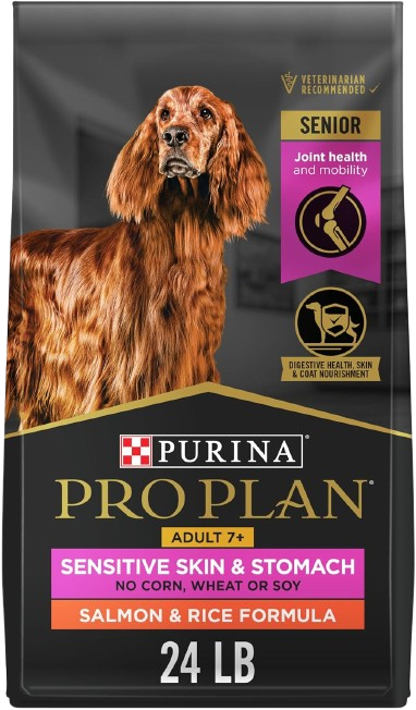 100 percent complete and balanced senior dog food containing salmon as the #1 ingredient, plus easily digestible oat meal and rice Sensitive stomach dog food with glucosamine and EPA, making it an excellent dog food for joint care Dog food made for sensitive skin, enriched with omega-rich sunflower oil to promote healthy skin and a shiny, radiant coat.
