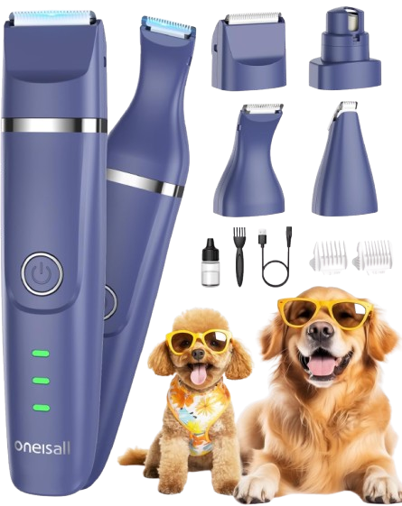 4 in 1 Dog Grooming Kit: The 4-in-1 Dog Grooming Kit is your go-to solution! Paw-friendly trimmer comes with three heads for different trims and a nail grinder for those pesky nail jobs. Perfect for small dogs, cats, or any furry buddy, it's got you covered for full-body grooming.