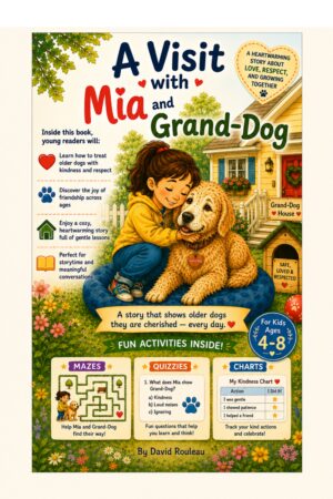 Educational children’s storybook about senior dog care featuring bright illustrations, interactive activities, and lessons about helping older dogs feel safe and loved.